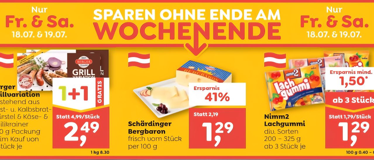 Eine Werbung für Schärdinger Bergbaron Käse. Der Preis wurde von 2,19 auf 1,29 reduziert. Die österreichische Flagge ist zu sehen.