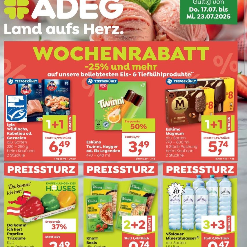 Wöchenlicher Rabatt auf beliebte Eis- und Tiefkühlprodukte. Gültig von Do. 17.07. bis Mo. 23.07.2025. Rabatte umfassen bis zu 25% auf Produkte wie Eskimo Eis, Knuspermüsli und Fassbräu Wasser.