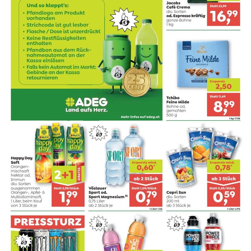 Werbung für Sportgetränke und Getränke. Happy Day-Saft-Angebote mit Rabatten. Preise einschließlich einer 25-Cent-Münze. Merkmale sind ein Strichcode, keine Restflüssigkeiten und recycelbare Etiketten. Preise und Werbeaktionen für verschiedene Produkte.
