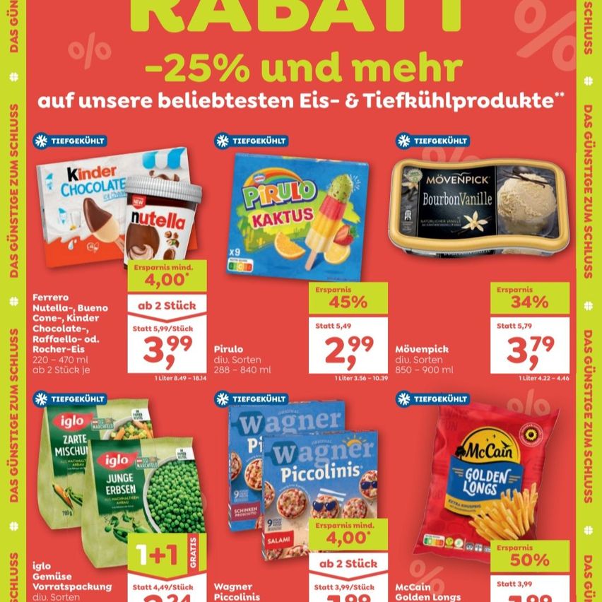 Werbung für Eiscreme-Produkte und Tiefkühlkost. Zeigt Kinder Chocolate, Nutella, Ferrero Rocher, Pirulo Kaktu, Movenpick BourbonVanille. Rabatte und Preise für diese Produkte.