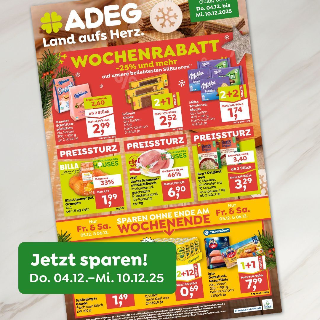 Ein Werbeplakat für ADEG's Wochenrabatte, die 25% Rabatt auf verschiedene Produkte anbieten. Es zeigt reduzierte Artikel wie Snacks, Müsli und Getränke mit Sonderaktionen wie 2+1-Angeboten. Die Werbung läuft vom 12. April bis 10. Dezember 2025.