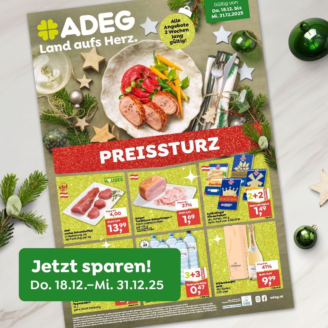 Ein Werbeflyer für ADEG mit Weihnachtsdekoration. Ein Gericht mit Fleisch, Gemüse und Saucen ist abgebildet. Preise und Angebote werden angezeigt. Gültig vom 18.12. bis 31.12.