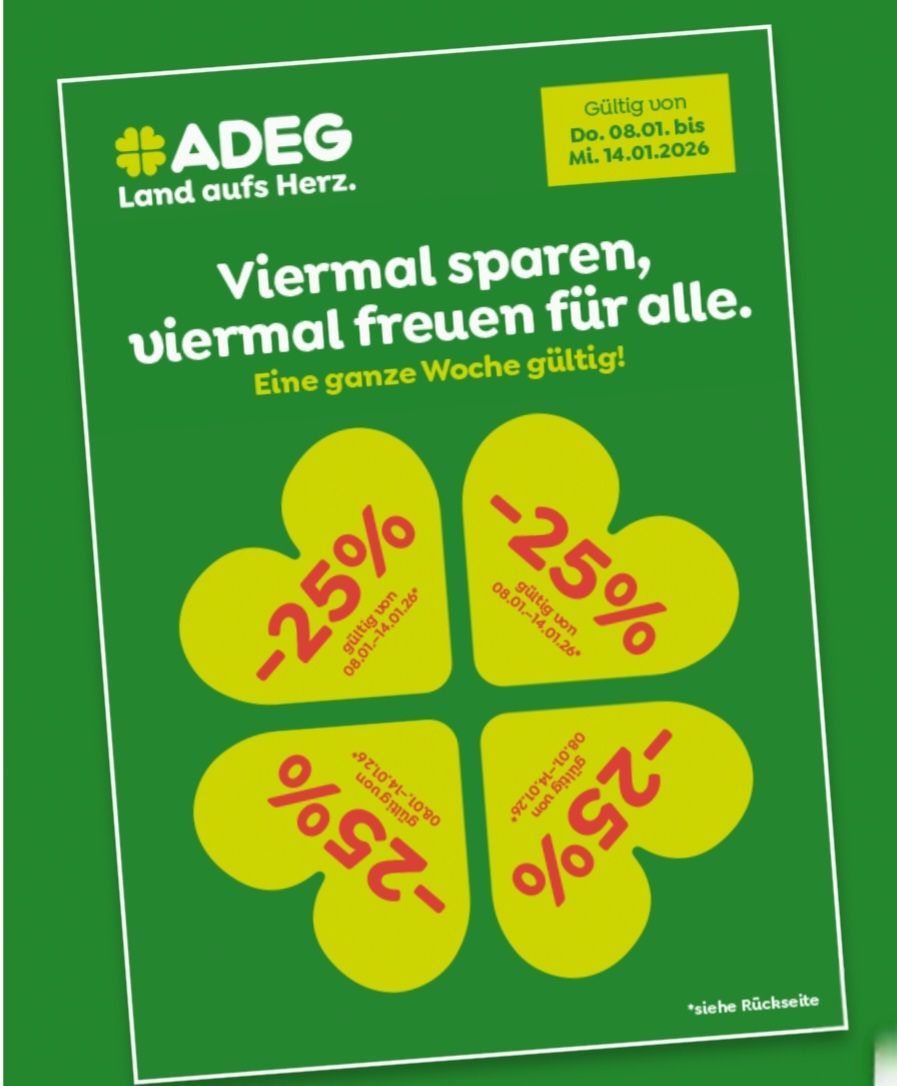 ADeG Werbeanzeige. Grüner Hintergrund mit gelben Kleeblättern. Rabatte von 25%, 50%, 75% und 90% werden angezeigt. Gültig vom 08.01.2026 bis 14.01.2026.
