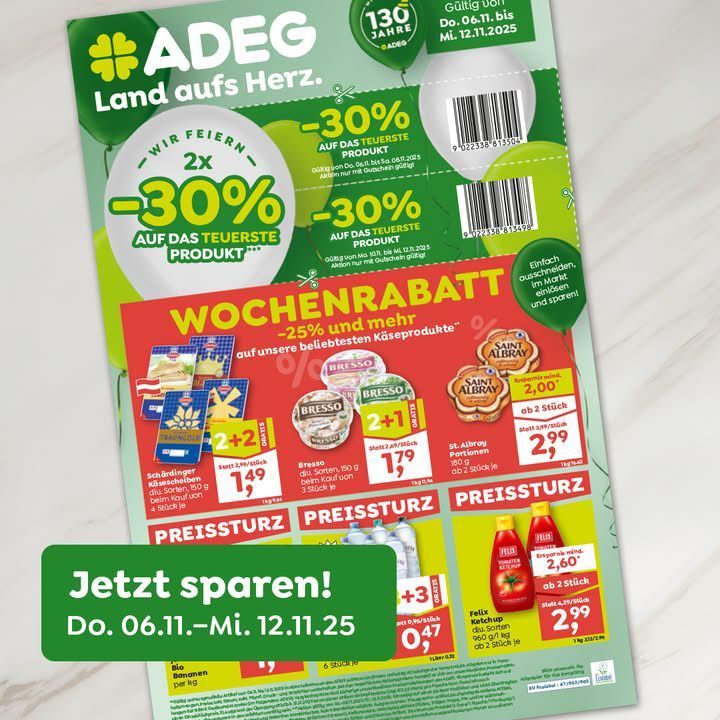ADLG-Werbeflyer für einen wöchentlichen Verkauf. Es zeigt Rabatte auf verschiedene Produkte, darunter Bresso, Saint Alby und Felix. Preise und Rabatte sind prominent angezeigt. Der Verkauf läuft vom 6. Oktober bis 12. November 2025.