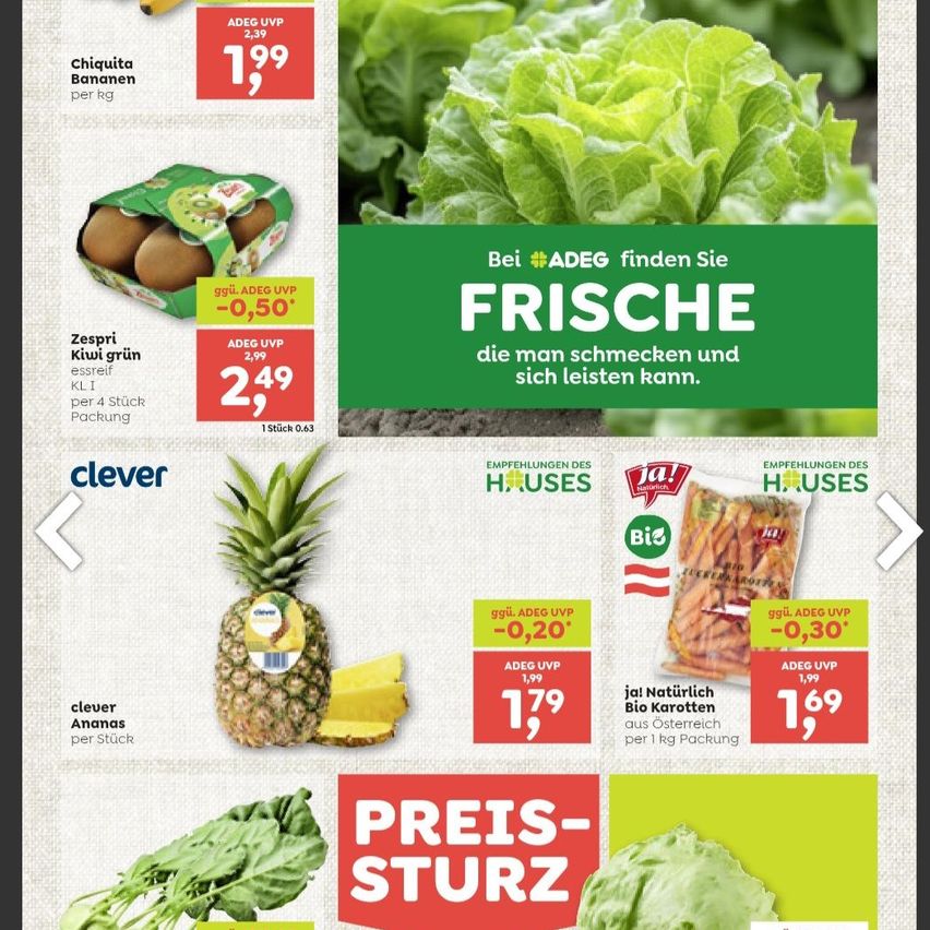 Advertisement featuring fresh produce. Kiwis are priced at 2.99 euros per 4 pieces, bananas at 1.99 euros per kg. Pineapples are 1.79 euros per piece, and carrots are 1.99 euros per kg. The ad highlights a price drop on various products.