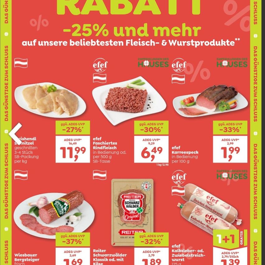 A flyer advertising discounts up to 25% on selected meat and sausage products. Offers include chicken cutlets, minced meat, pork chops, and sausages. Prices are listed with their reductions. The advertisement features a flag and logos for Efef and House.