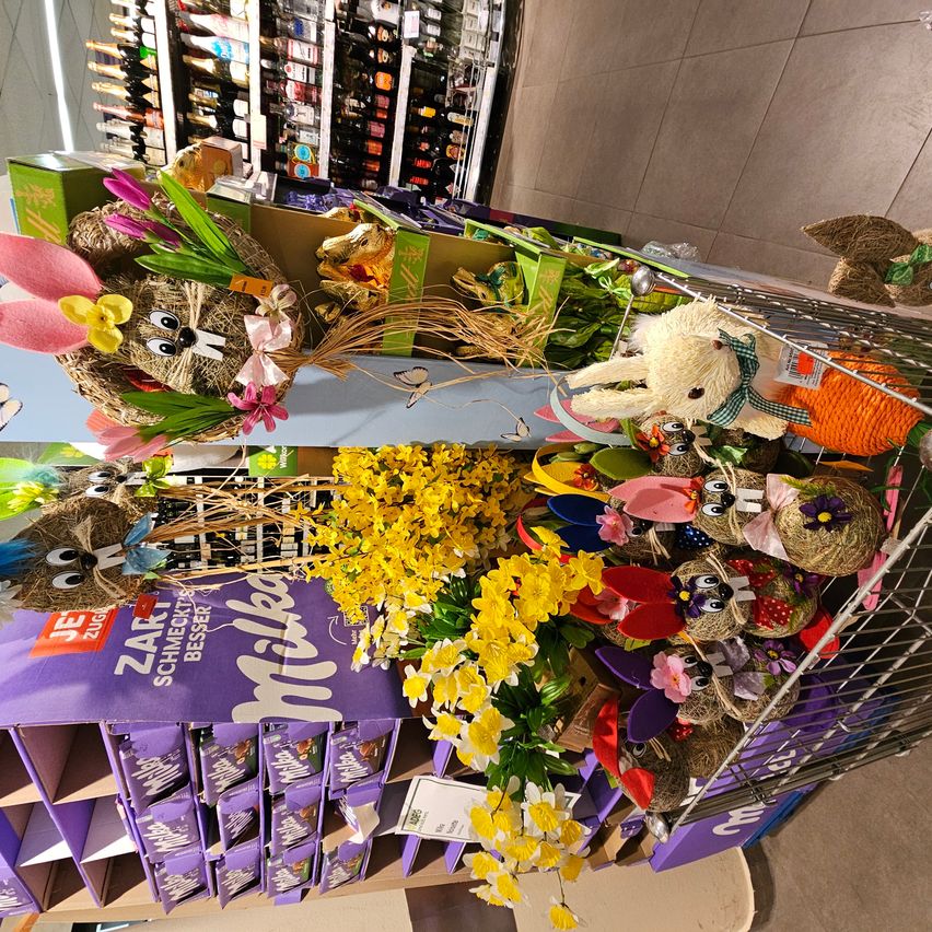 A shopping cart filled with Easter decorations, including bunny figures and yellow flowers, in a store. The cart also has a purple box of chocolates.