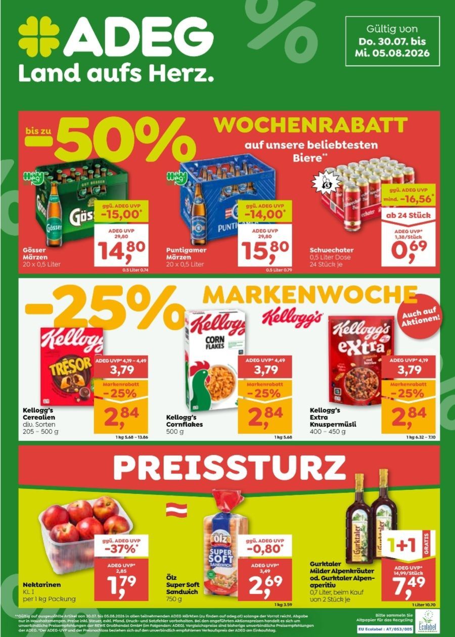 Ein Werbeplakat für einen wöchentlichen Verkauf in einem Geschäft. Es zeigt verschiedene Produkte mit Rabatten, einschließlich Bier, Cerealien und Cornflakes. Das Plakat hebt Rabatte von bis zu 50% auf ausgewählte Artikel und zusätzliche Rabatte bei größeren Mengen hervor.