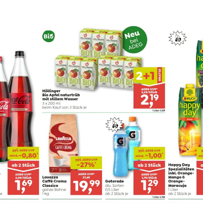 Eine Werbung für verschiedene Getränke und Lebensmittel mit Aktionsangeboten, darunter Coca-Cola, Hollinger Apfelsaft, Lavazza Kaffeecreme und Happy Day Orangensaft.