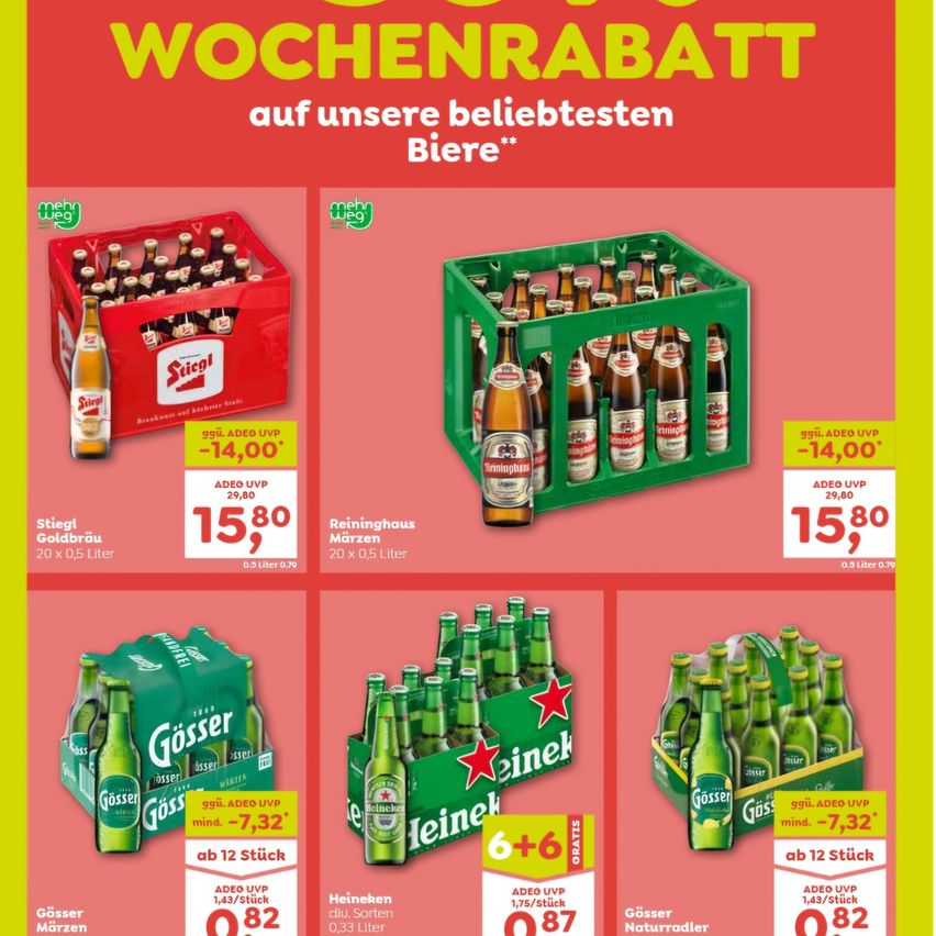 Ein Werbeplakat für wöchentliche Rabatte auf Bier, mit Marken wie Stiegl, Reininghaus und Goesser. Das Bild zeigt verschiedene Bierkisten mit Preisreduktionen und Werbeaktionen.