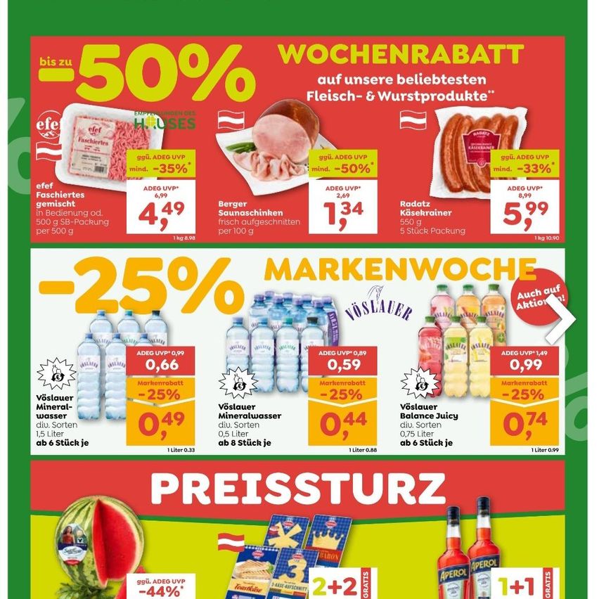 A promotional poster for a supermarket featuring discounts on various products. The top section highlights a 50% discount on selected meat and sausage products, while the bottom section showcases a 25% discount on mineral water and juice. Prices and discounts are clearly displayed.