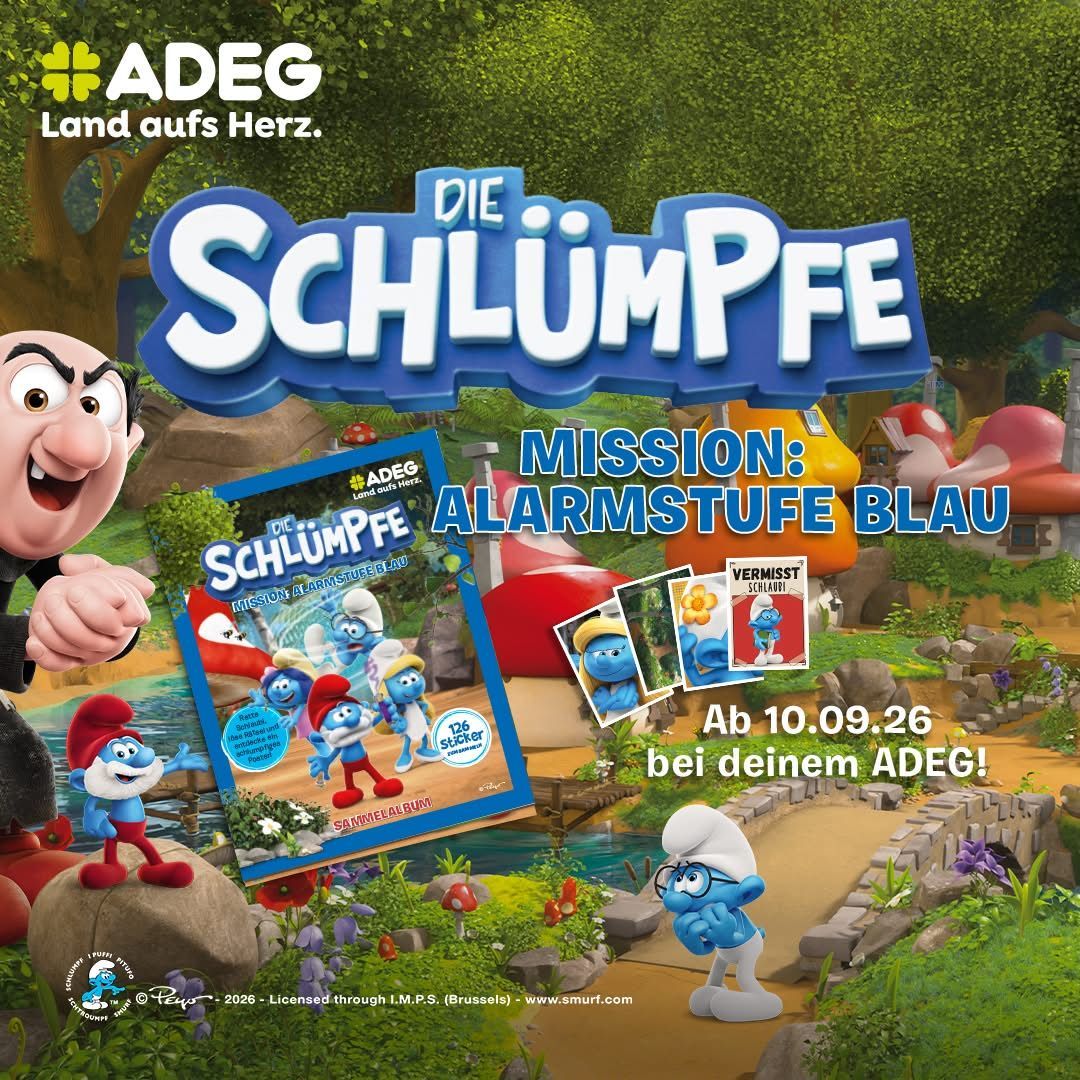 An advertisement for the Smurfs featuring a book, stickers, and a character in a forest. The title reads 'Die Schlumpfe' and 'Mission: Alarmstufe Blau'. The date 10.09.26 is mentioned.