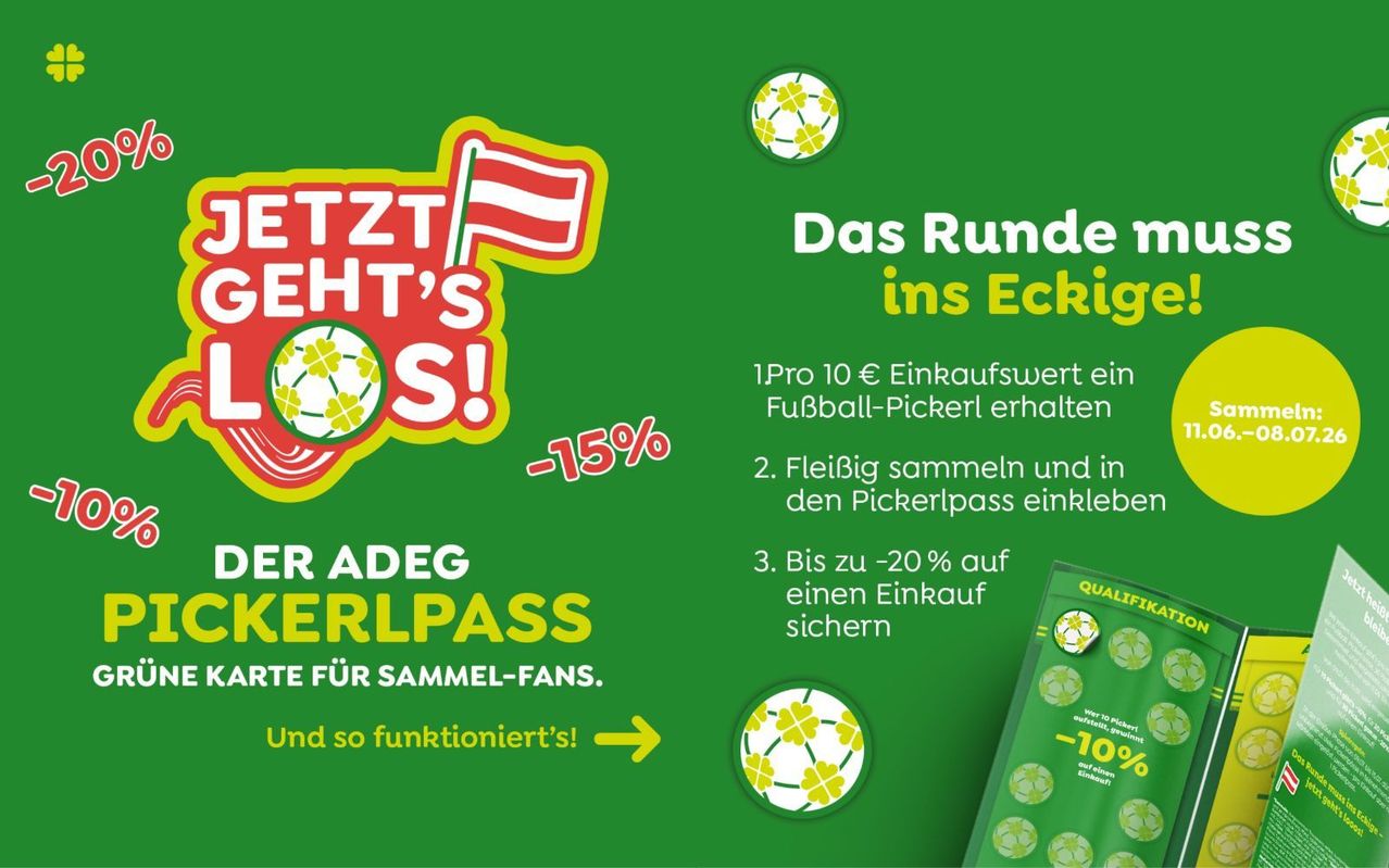 Eine grüne Werbung mit einer Flagge und einem Fußball. Sie bietet einen Rabatt von bis zu 15% und zeigt den Text 'Das Runde ins Echte'. Es zeigt, wie man Fußballsticker sammelt und bis zu 20% Rabatt erhält.