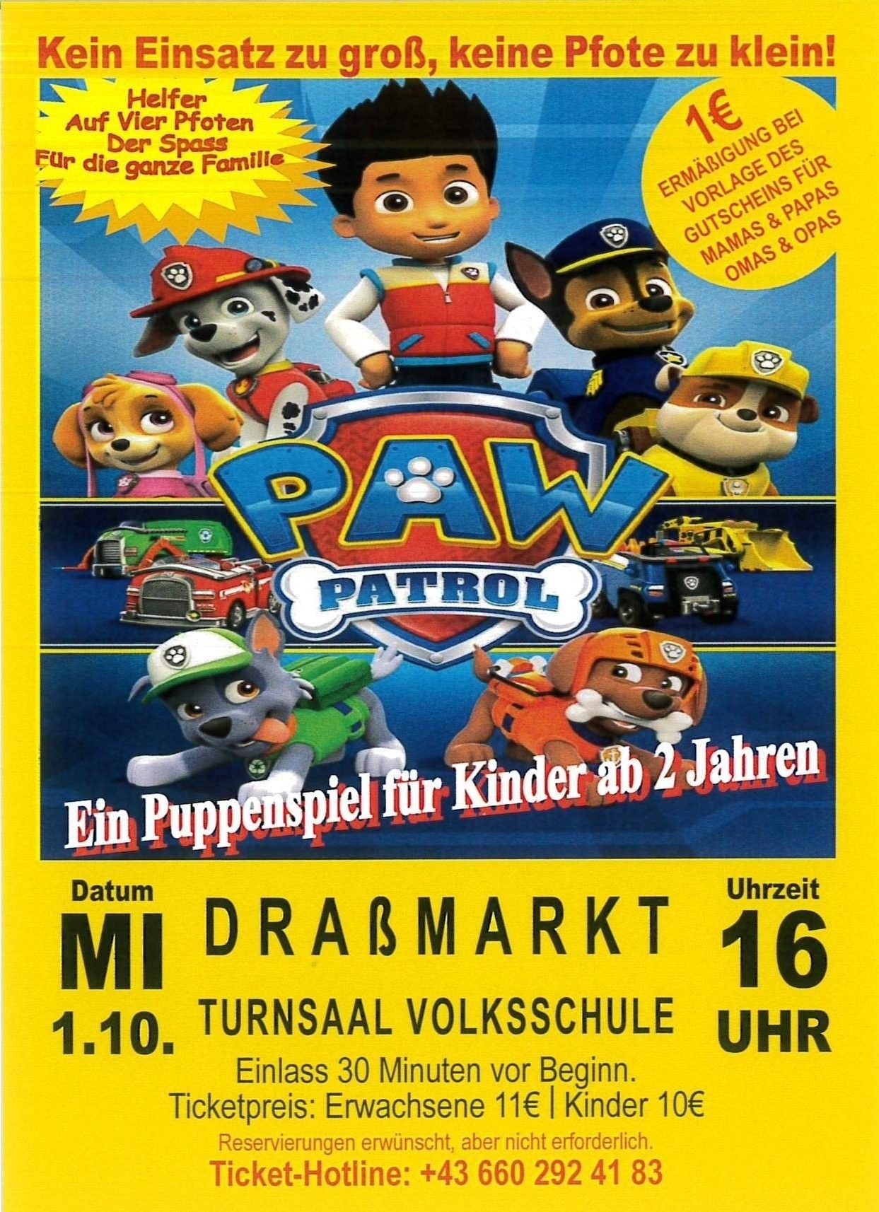 Plakat für ein Paw Patrol Puppenspiel für Kinder ab 2 Jahren. Die Aufführung ist für Mittwoch, 1-10, um 16 Uhr im Turnsaal der Schule geplant.