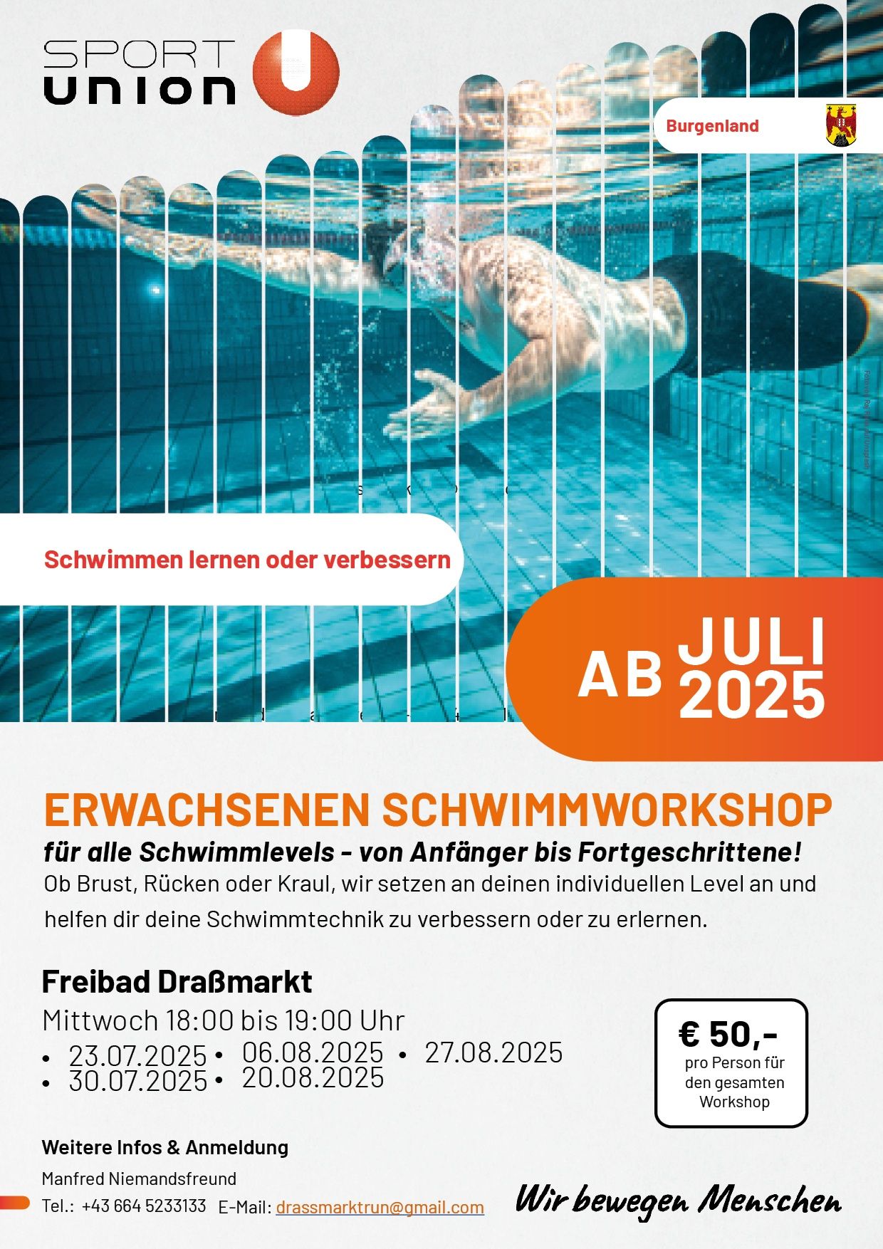 Ein Bild eines Schwimmers unter Wasser, der Text lautet 'Lernen oder verbessern Sie das Schwimmen.' Die Daten 23.07.2025, 06.08.2025 und 27.08.2025 sind aufgeführt. Die Zeiten sind 18:00 bis 19:00. Der Preis beträgt 50 Euro.
