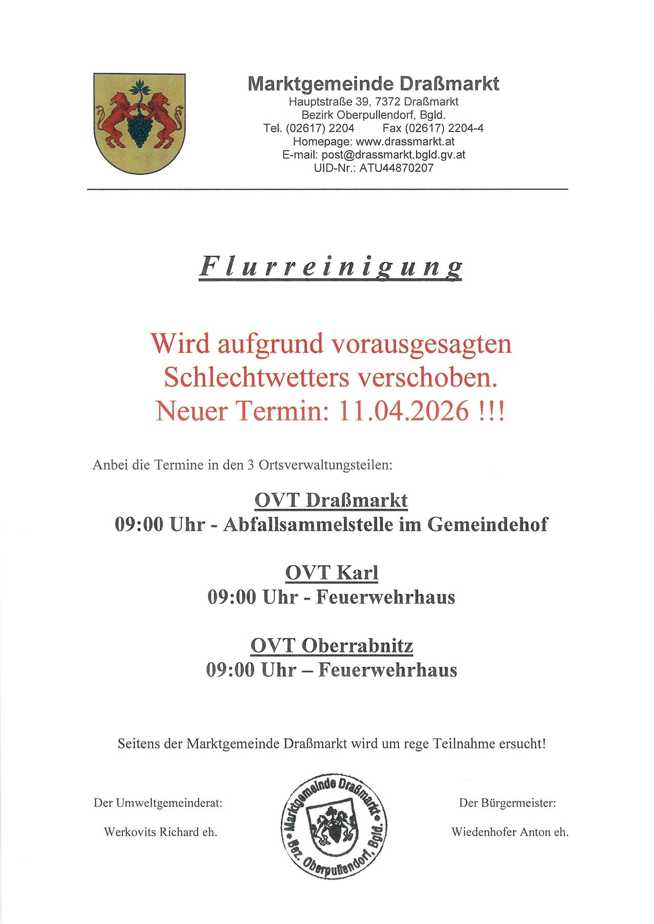 Aufgrund vorhergesagten schlechten Wetters verschoben. Neuer Termin: 11.04.2026. Überprüfen Sie die örtlichen Gemeindezentren für die genauen Zeiten. Drassmarkt Homepage und E-Mail sind aufgeführt.