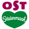 Ein herzförmiges Logo mit dem Wort 'OST' in fetten lila Buchstaben oben und 'Steiermark' in weißer Kursivschrift darunter.