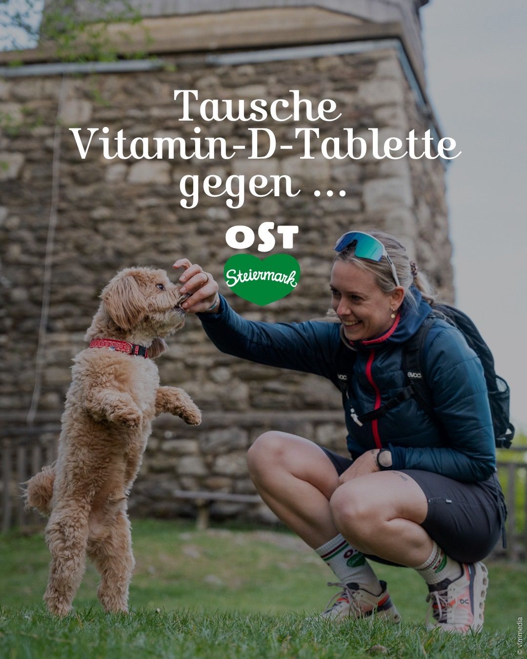 A woman kneeling in front of a dog, feeding it a treat, with a stone wall in the background and the text 'Tausche Vitamin-D-Tablette gegen...'.