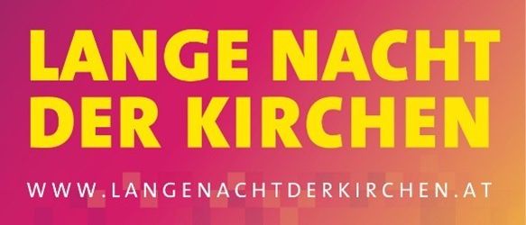 Plakat für die Lange Nacht der Kirchen am 23. Mai 2025. Das Datum ist gelb auf einem rosa und lila Hintergrund groß dargestellt, mit der Website-Adresse unten.