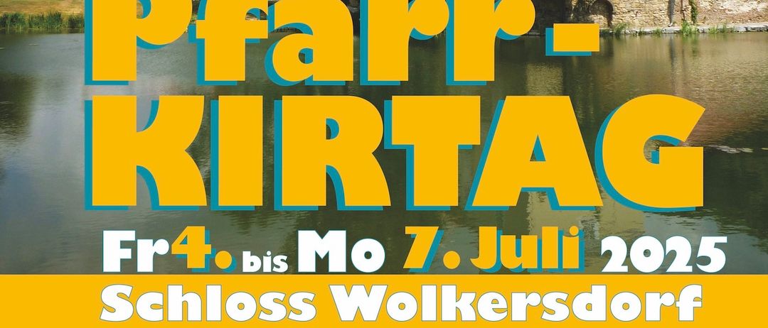 Postkarte vom KIRTA-Event im Dorf Volkersdorf, vom 4. bis 7. Juli. Das Ereignis findet in der Nähe eines Flusses und einer Burg statt.