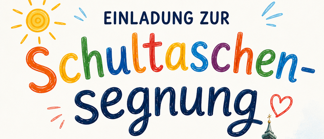 Illustration eines Schulrucksacks, Bücher und eines Apfels auf einem roten Buch. Darunter eine Kirche und ein Kalendersymbol mit dem Datum 13. September 2026.