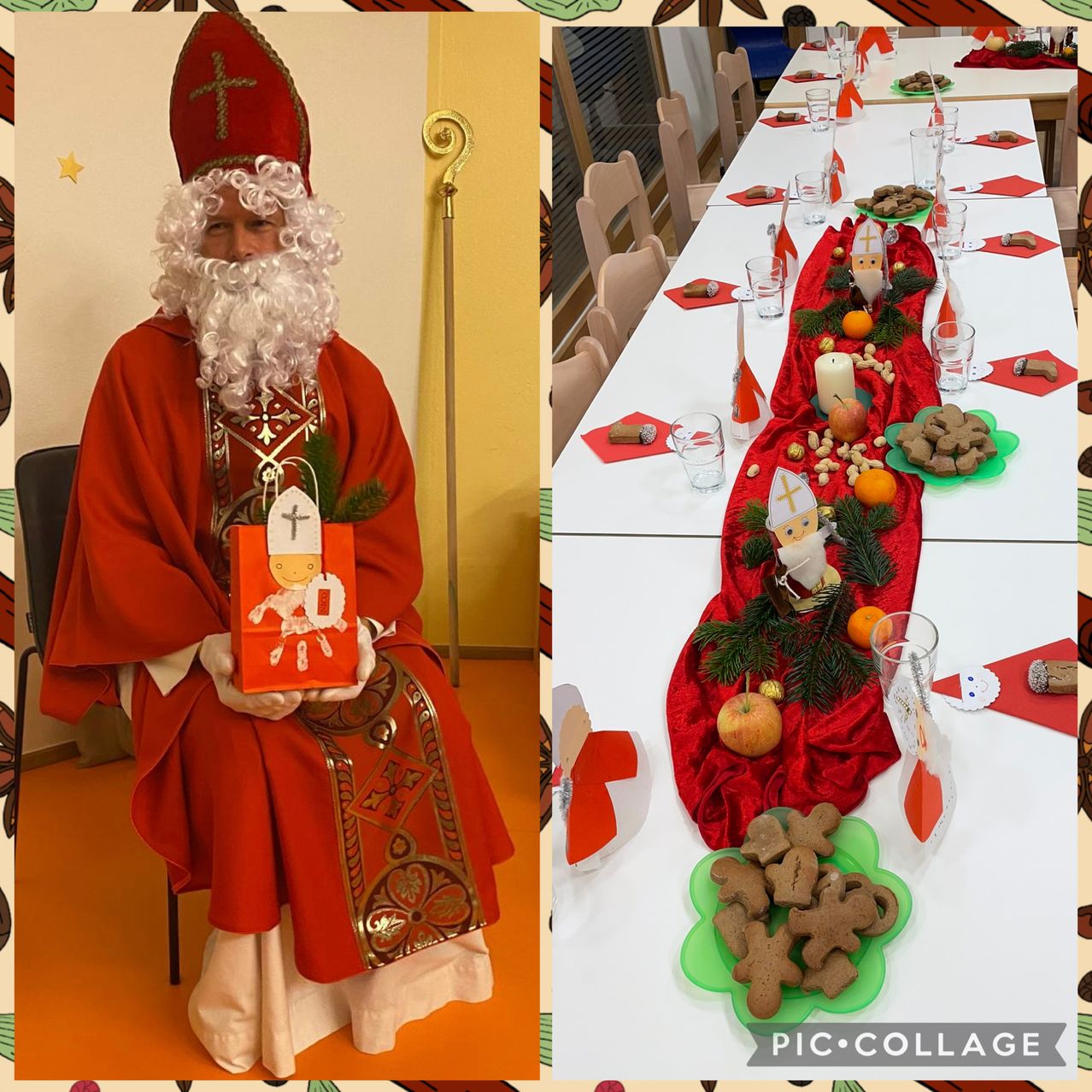 Eine Collage mit zwei Bildern: eines zeigt einen Mann als Weihnachtsmann verkleidet und das andere einen festlich gedeckten Tisch mit Essen und Dekoration.