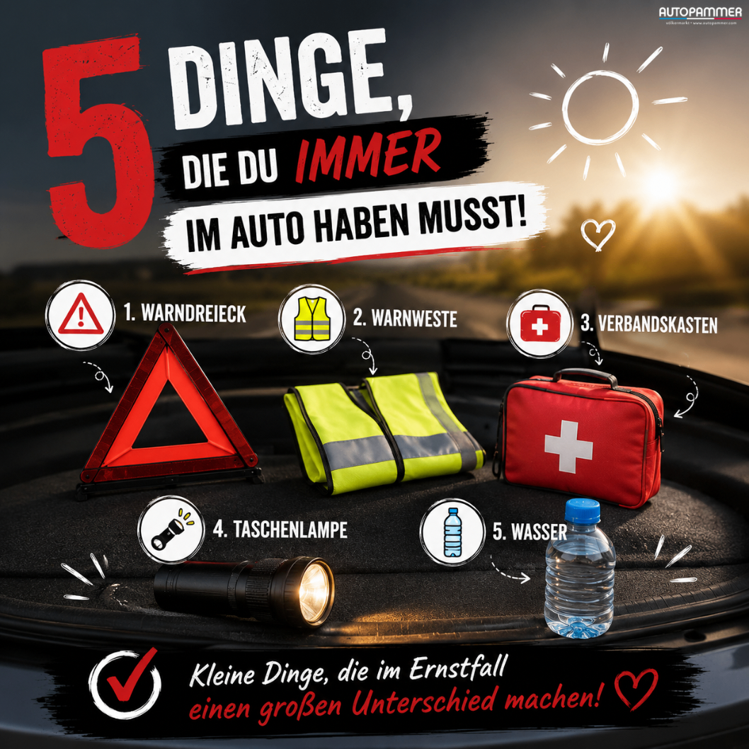 Ein Infografik listet fünf wesentliche Dinge auf, die man immer im Auto haben sollte. Dazu gehören ein Warndreieck, eine Warnweste, ein Erste-Hilfe-Kasten, eine Taschenlampe und eine Wasserflasche. Die Gegenstände sind mit Symbolen illustriert und auf einem Kofferraum platziert. Der Hintergrund zeigt einen Sonnenuntergang.