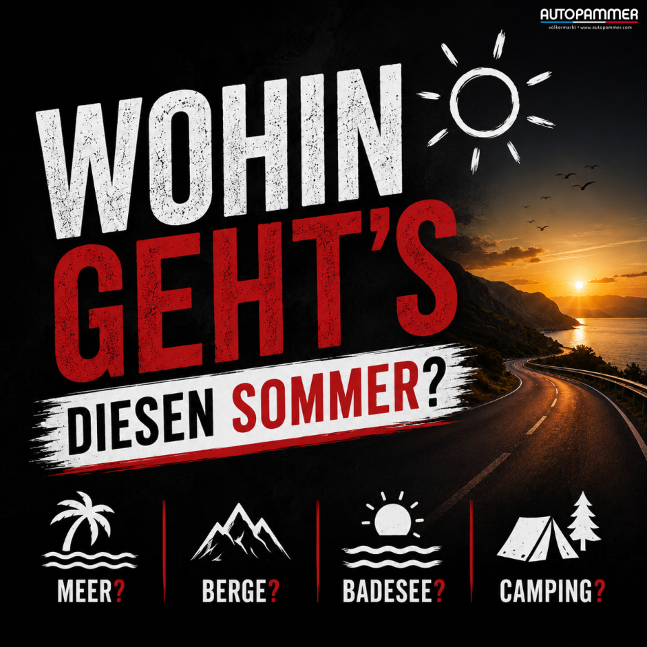 An advertisement poster for a summer getaway, featuring a road leading to a sunset over the sea. The poster asks, 'Where is your summer going?' with icons for the sea, mountains, beach, and camping.