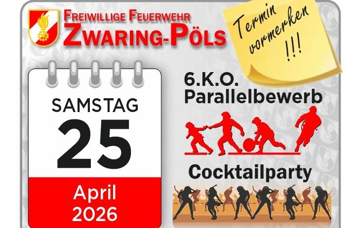 Plakat für eine Samstagsveranstaltung am 25. April 2026. Es zeigt einen Kalender mit dem Datum und einer Illustration von Menschen, die Sport treiben. Die Veranstaltung wird von der Freiwilligen Feuerwehr ZWARING-POLS organisiert.