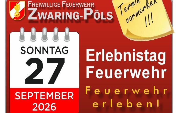 Eine rote Kalenderseite für den 27. September 2026 mit dem Text 'Erlebnistag Feuerwehr' und einem gelben Haftnotizzettel mit dem Text 'Termin vormerken'.