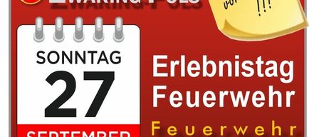 Eine rote Kalenderseite für den 27. September 2026 mit dem Text 'Erlebnistag Feuerwehr' und einem gelben Haftnotizzettel mit dem Text 'Termin vormerken'.