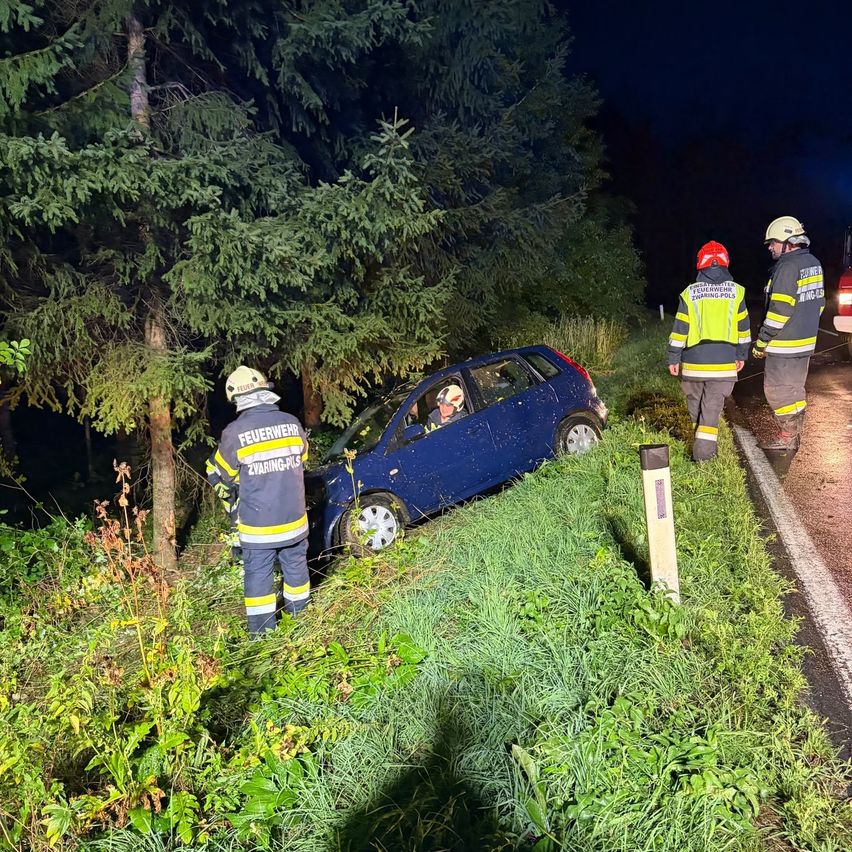 Drei Feuerwehrleute in gelben und schwarzen Uniformen stehen neben einem blauen Auto, das nachts auf einer grasbewachsenen Straße in einen Baum gecrasht ist.