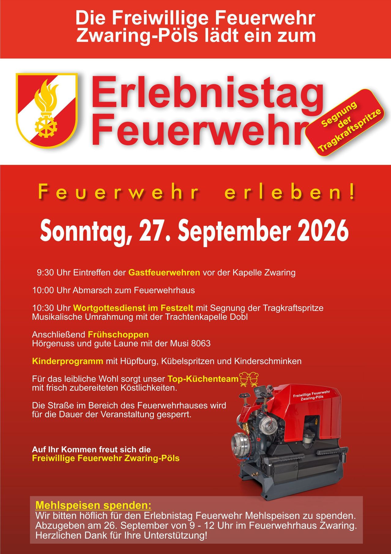 Plakat für den Erlebenstag der Feuerwehr Zwaaring mit einem Zeitplan von Veranstaltungen, einschließlich der Ankunft der Gasfeuerwehr, einer Segenszeremonie, einer Segenszeremonie für den Traktorpreis und einem Kinderprogramm. Die Veranstaltung findet am Sonntag, 27. September 2026 statt.