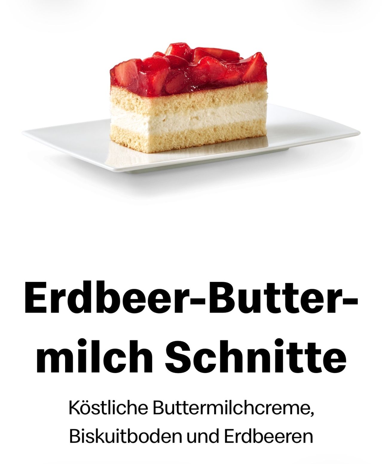 Ein Stück Kuchen mit Erdbeeren auf einem weißen Teller, mit den Worten 'Erdbeer-Butter-Milch Schnitte' und 'Köstliche Buttermilchcreme' darunter.