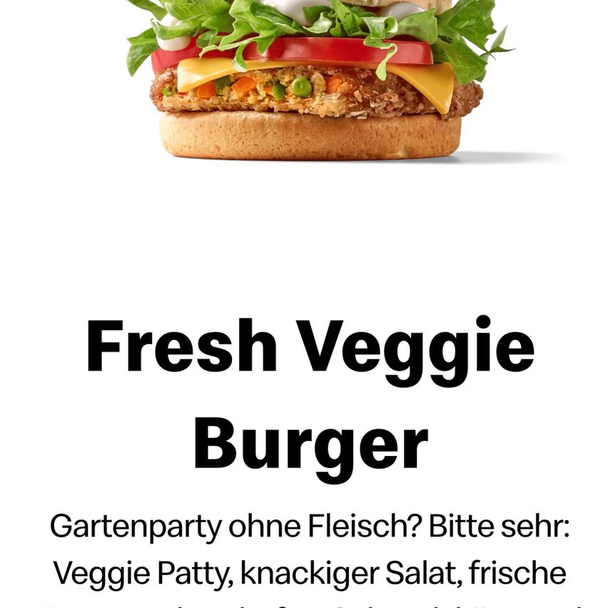 Ein frischer Veggie-Burger mit Salat, Tomate, Käse und einer Veggie-Patty auf einem Brötchen. Er wird als tolle Option für eine Gartenparty ohne Fleisch beworben.
