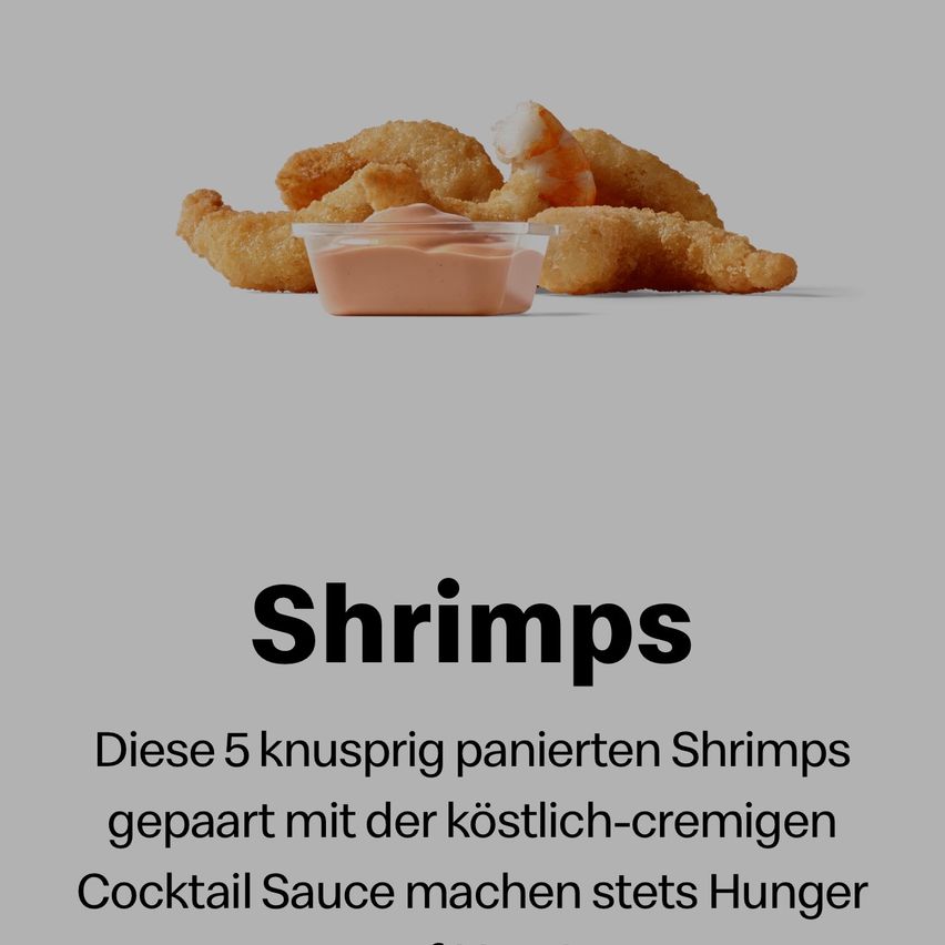 An image shows 5 crispy fried shrimps with a container of pink sauce. The caption reads, 'These 5 crispy fried shrimps paired with delicious creamy cocktail sauce always satisfy hunger.'