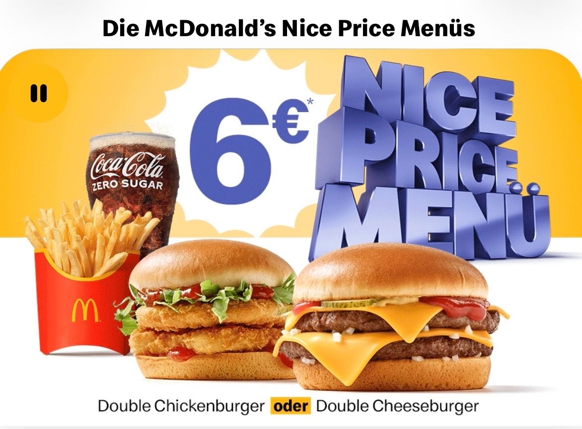 McDonald's advertisement for Nice Price Menus. Two burgers, fries, and a glass of Coca Cola Zero Sugar. Priced at 6 euros.