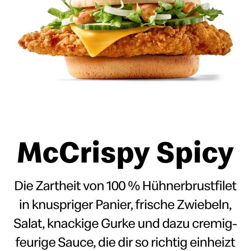 Ein knuspriger Chickenburger mit Käse, Salat, Gurke, Zwiebeln und einer scharfen Sauce. Der Burger ist auf einem weißen Hintergrund präsentiert.
