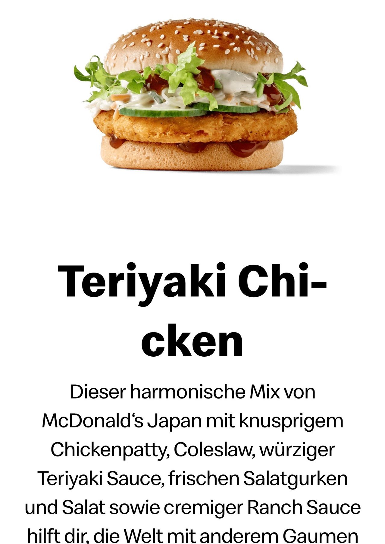 Teriyaki-Hähnchensandwich von McDonald's Japan mit knusprigem Hähnchenfleisch, Krautsalat und scharfer Sauce.