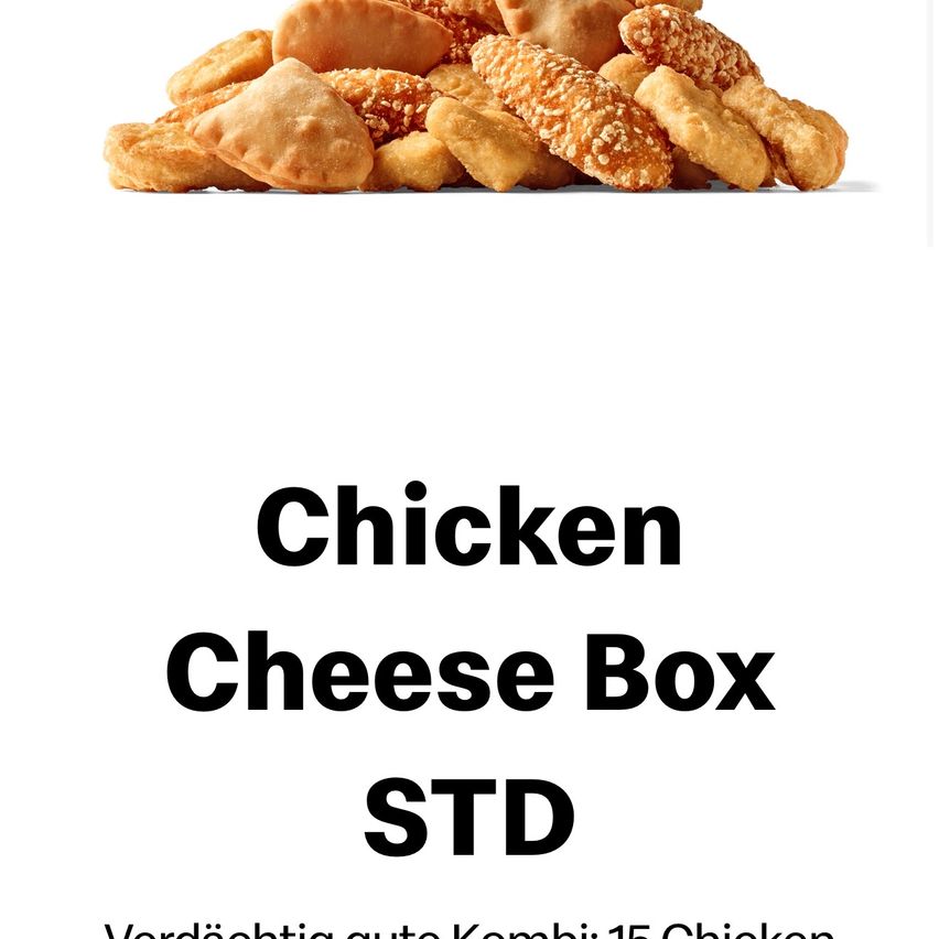 A stack of fried chicken pieces and cheese sticks is displayed. The text 'Chicken Cheese Box STD' is written above.