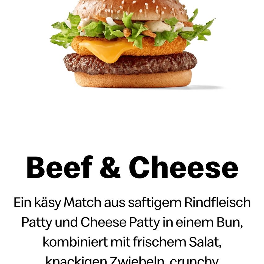 Ein Beef & Cheese Burger mit Salat, Zwiebeln, Käse und einem Sesambrötchen. Der Burger ist mit einer Patty und Käse Patty belegt.