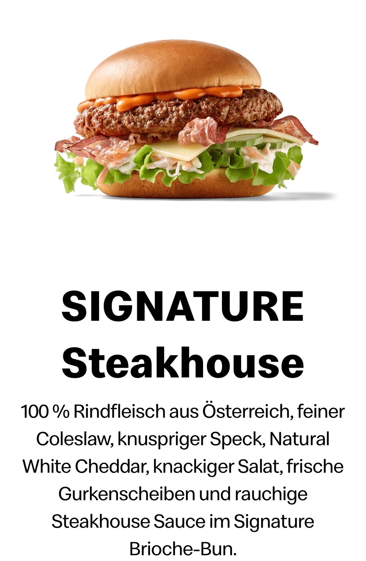 Eine Werbung für ein Steakhouse-Burger mit 100% österreichischem Rindfleisch, mit knusprigem Speck, Krautsalat, Cheddar-Käse und einem weißen Brötchen.