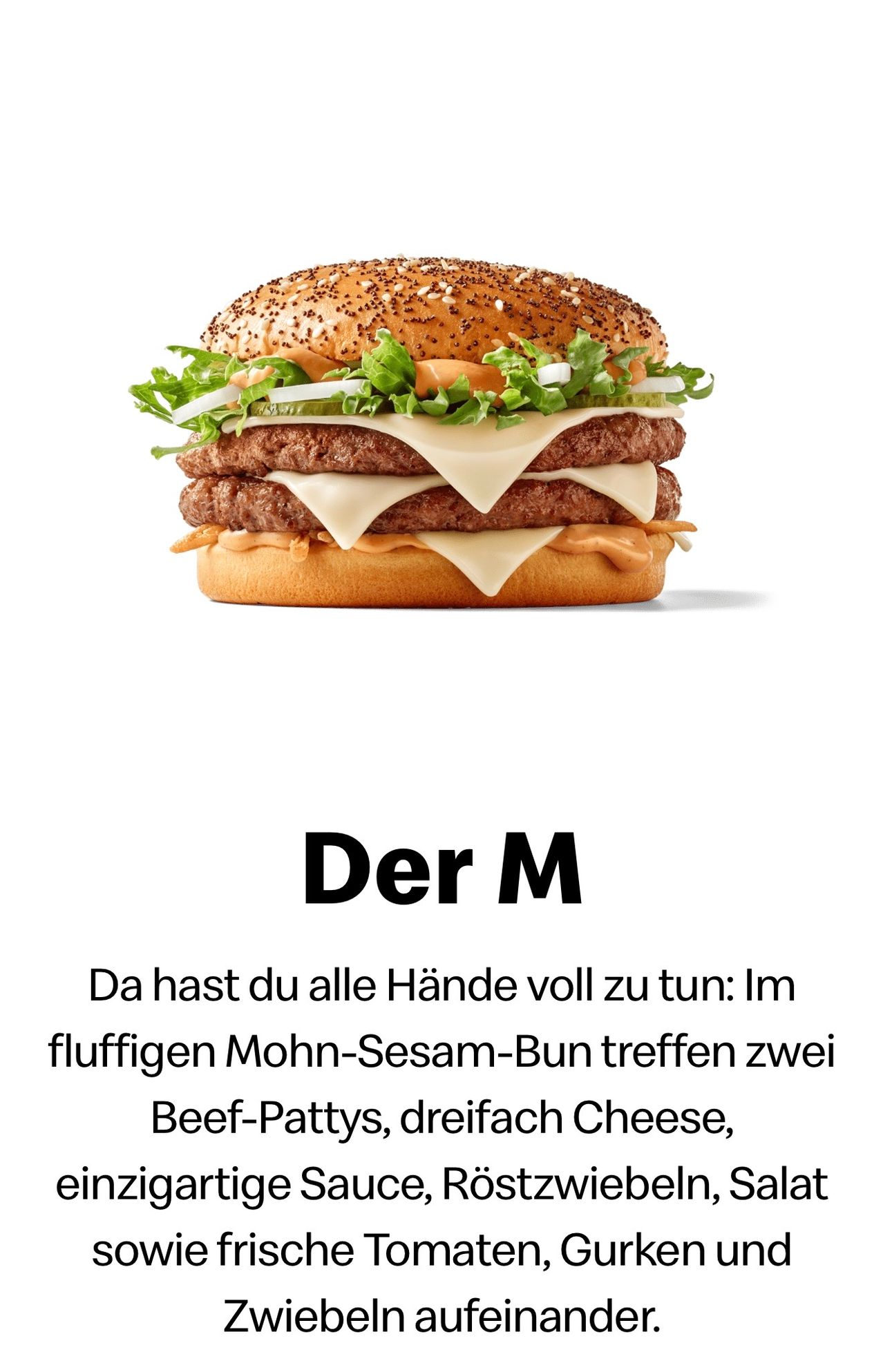 A hamburger with sesame seed bun, two beef patties, and three slices of cheese, topped with lettuce, onions, and mayonnaise.
