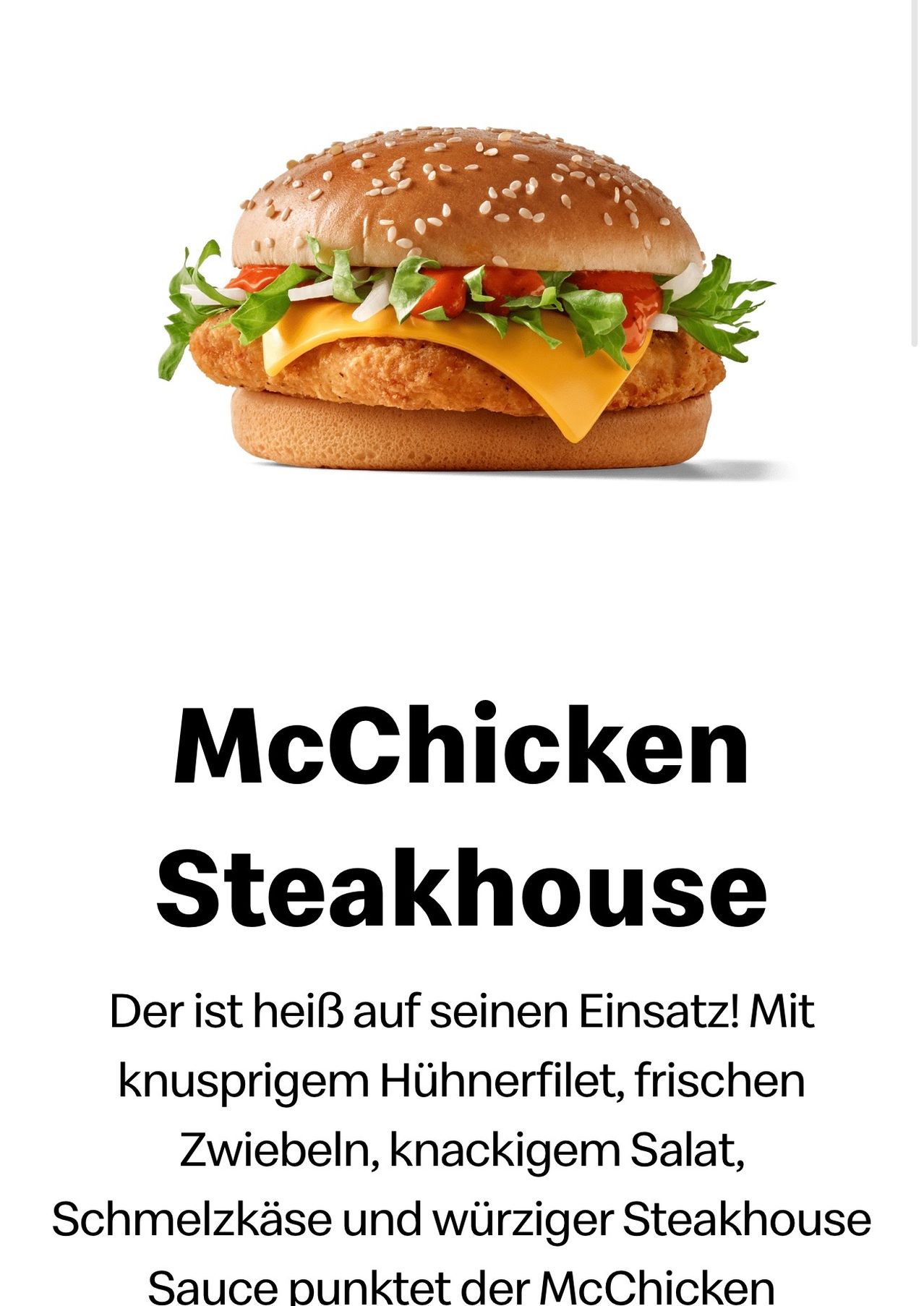 A McChicken Steakhouse with crispy chicken fillet, fresh lettuce, cheese, and tomatoes. The burger is on a white background.
