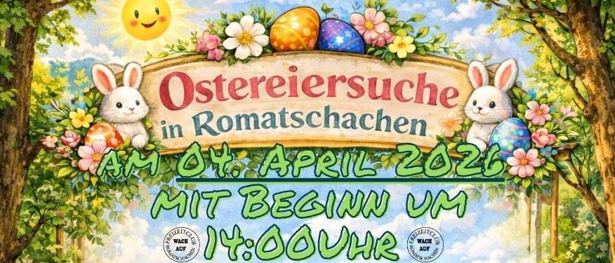 Plakat für eine Ostereiersuche am 4. April 2026, Beginn um 14:00 Uhr. Ein Junge und ein Mädchen suchen Eier in einem Feld. Es steht 'findet bei jeder Wendung'.