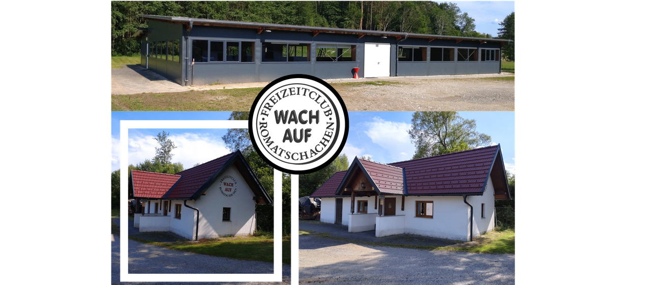 Das Bild zeigt ein großes Gebäude mit vielen Fenstern und einem roten Feuerlöscher. Unten ist eine Collage von zwei Häusern mit roten Dächern.