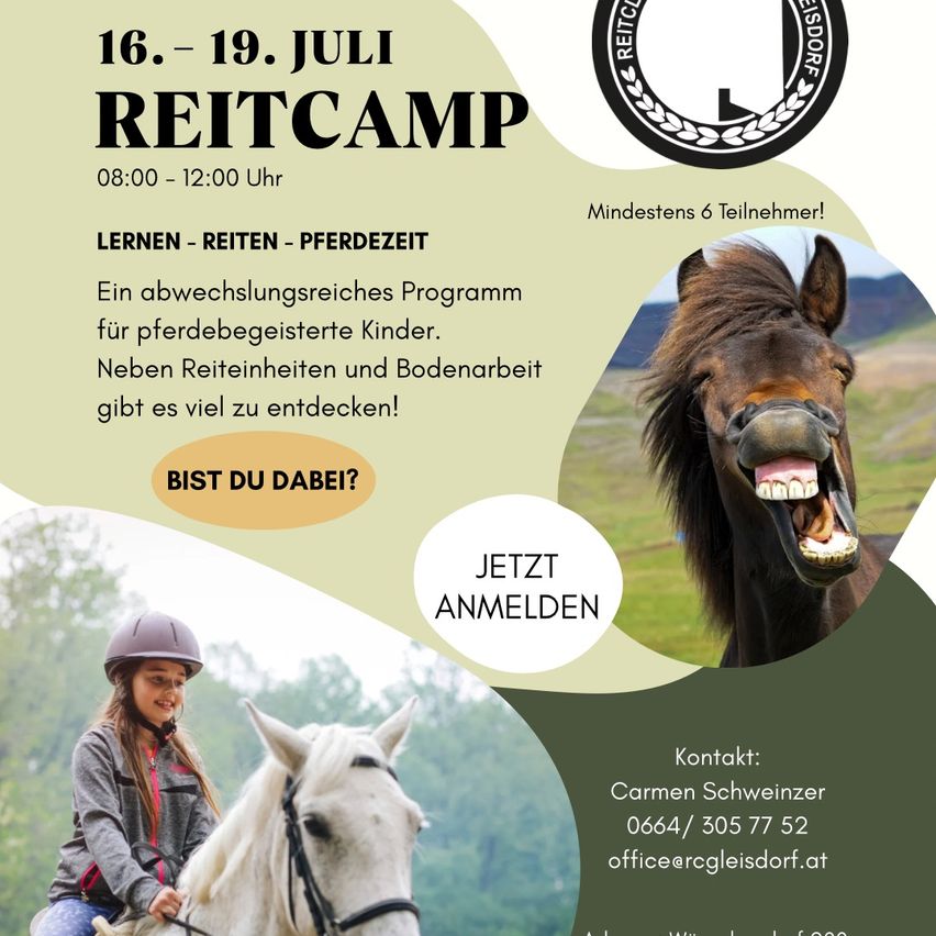 Ein Plakat bewirbt ein Reitcamp für Kinder vom 16. bis 19. Juli, 8:00-12:00 Uhr. Mindestens 6 Teilnehmer erforderlich. Das Plakat zeigt ein lächelndes Pferd und ein Mädchen, das ein weißes Pferd reitet. Kontakt: Carmen Schweinzer, 0664/305 77 52 oder office@rcgleisdorf.at.