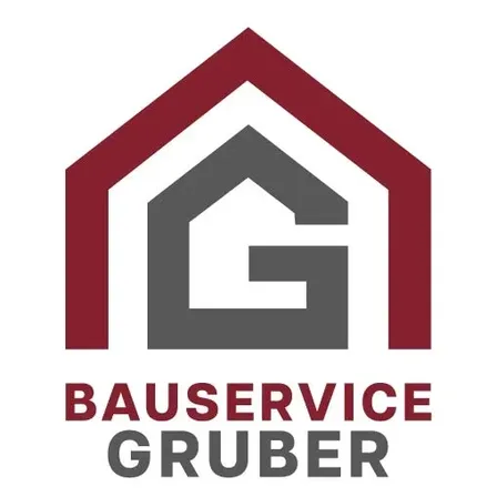 Das Logo von Bauservice Gruber zeigt ein stilisiertes Haus mit rotem Dach und einem grauen und roten Buchstaben G in der Mitte. Darunter stehen die Worte Bauservice Gruber in fetter Schrift.