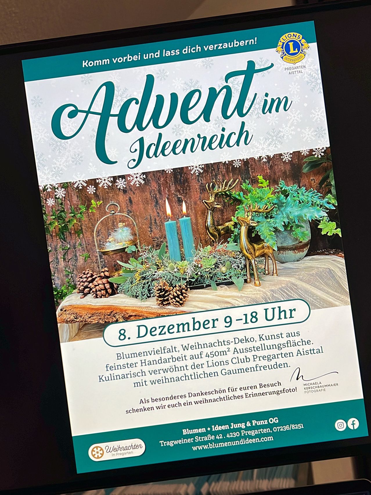 Ein festliches Plakat für Advent in Ideenreich, das eine rustikale Umgebung mit Kerzen, Pflanzen und Tannenzapfen zeigt. Die Veranstaltung findet am 8. Dezember von 9-18 Uhr statt. Es verspricht eine Vielfalt an Blumenarrangements, Kunst und kulinarischen Köstlichkeiten mit Weihnachtsthema.