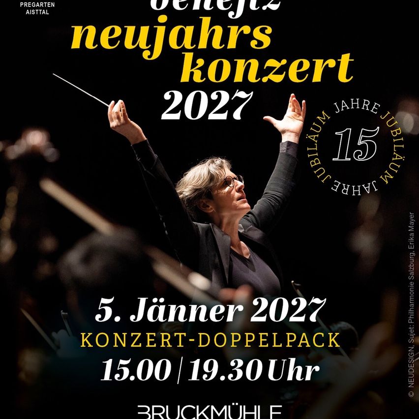 Plakat für ein Neujahrskonzert im Jahr 2027 mit einem Dirigenten mit Taktstock, vor einem dunklen Hintergrund mit einem verschwommenen Orchester im Hintergrund. Der Text ist in Gelb und Weiß, mit dem Datum und der Uhrzeit des Konzerts angezeigt.